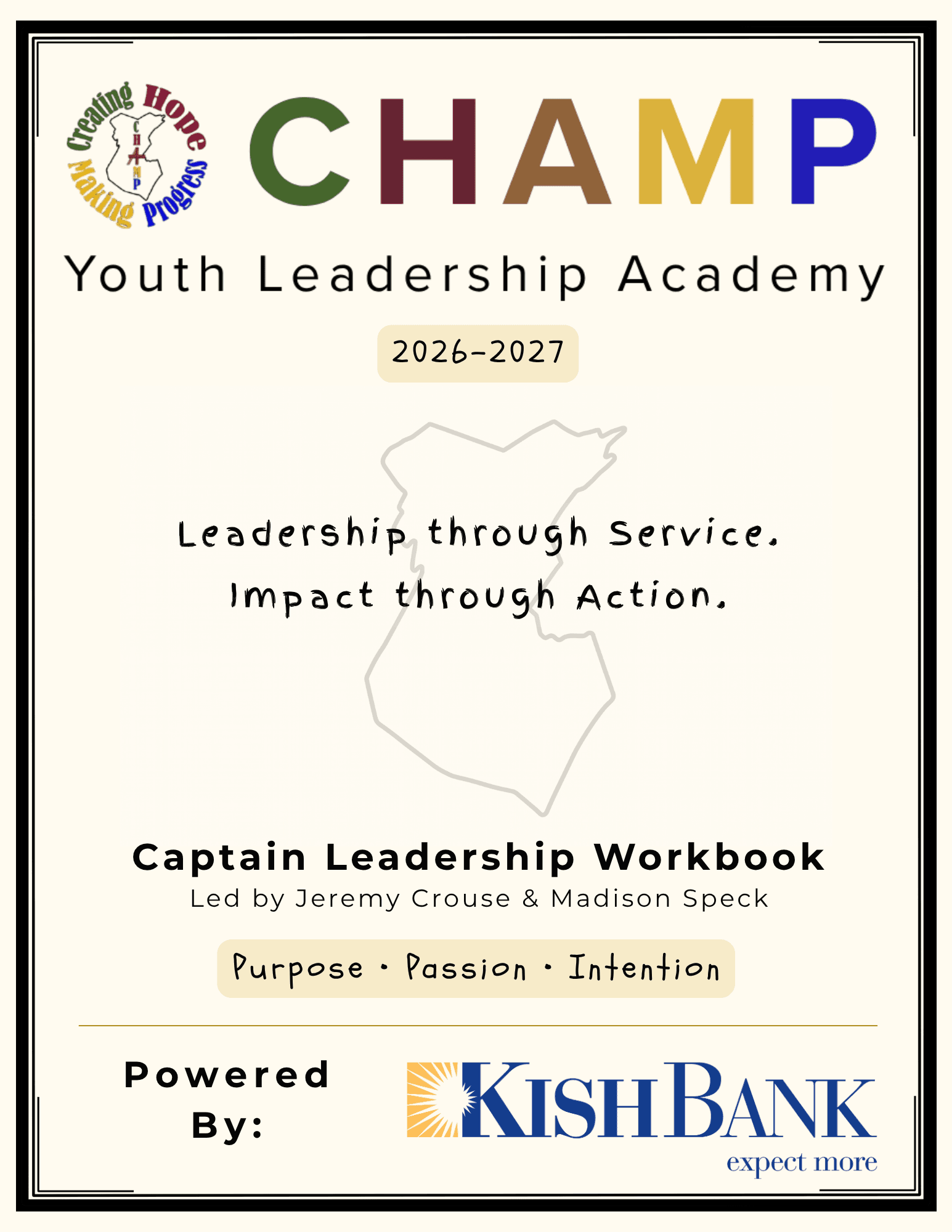 CHAMP Youth Leadership Academy 2026–2027 Captain Leadership Workbook cover, powered by Kish Bank