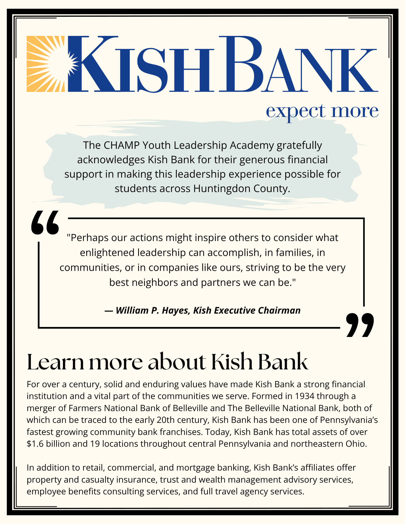 CHAMP Youth Leadership Academy thanks Kish Bank for supporting students across Huntingdon County; the image includes a statement from Kish Executive Chairman William P. Hayes and information about Kish Bank.
